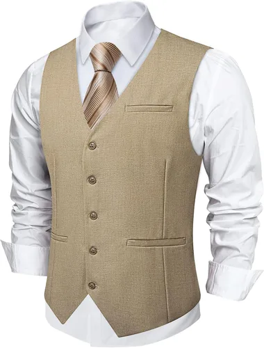 Vista 22 de DiBanGu Chaleco de traje para hombre Vestido formal de negocios Light Khaki