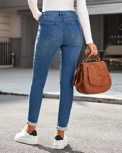 Vista 3 de GRAPENT Leggings con forro polar para mujer, pantalones de mezclilla ajustados de cintura alta, pantalones de mezclilla elásticos de invierno cálidos