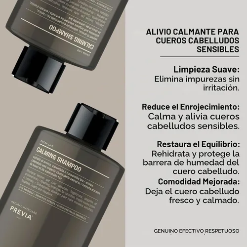 Vista 4 de PREVIA Extralife Champú calmante Fórmula calmante para cuero cabelludo sensible Ingredientes naturales y tensioactivos a base de plantas Sin