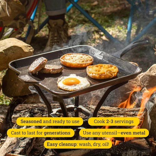 Vista 2 de Lodge - Plancha cuadrada de hierro fundido de 11" Hierro fundido para panqueques, huevos, tocino y parrilla, distribución de calor duradera