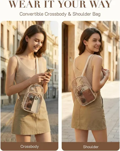 Vista 5 de Missnine Bolsa transparente para eventos de estadio, bolsa transparente tipo cangurera, bolsa cruzada para conciertos deportivos, A-caqui [simple]