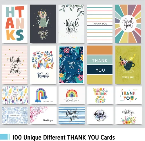 Vista 7 de 100 tarjetas de agradecimiento únicas a granel con sobres, tarjetas de notas en blanco de 4 x 6 con 100 diseños coloridos diferentes, sin