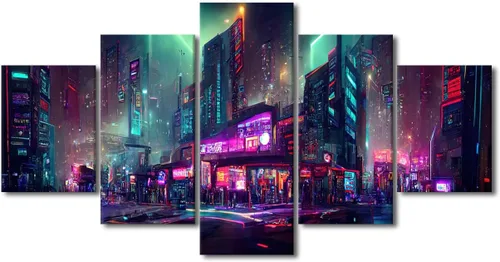 Vista 72 de Póster de 5 paneles en lienzo para decoración de pared, diseño de centro urbano Cyberpunk, impresión moderna, decoración de pared para el hogar