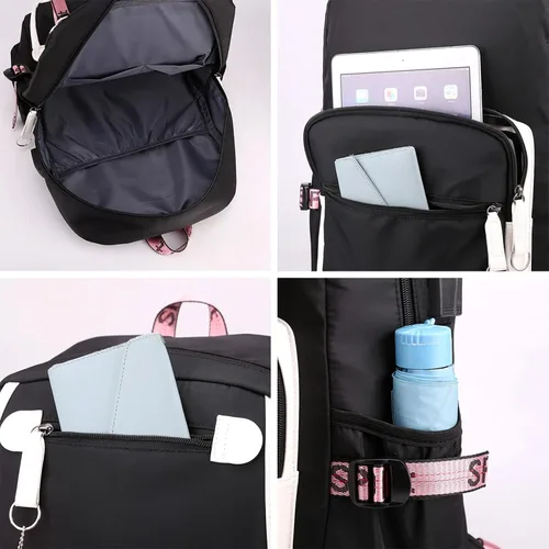 Vista 4 de KUJIAPIN Mochila para niños y niñas, escuela secundaria, estudiantes, mochila para exteriores, Negro Rosa, Mochilas Daypack