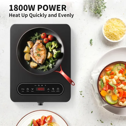 Vista 9 de VBGK Cocina eléctrica de un solo quemador, 110 V 1800 W con controles táctiles LED y controles de perilla, 10 niveles de potencia, temporizador de 4