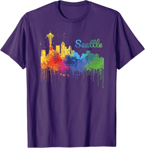 Vista 45 de Seattle Washington Skyline Watercolor Souvenir Seattle Camiseta, Negro