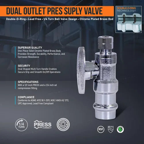 Vista 5 de Midline Valve 93325QS-NL-Q 1/4 Válvula de parada recta de prensa, prensa de 1/2" x 1/4" de diámetro exterior, latón cromado
