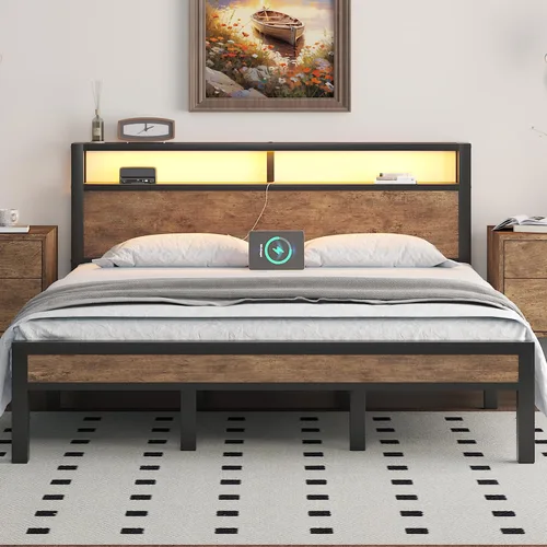 Vista 42 de LOEWAY Base de cama tamaño Queen con cabecero de almacenamiento y luces LED, color gris