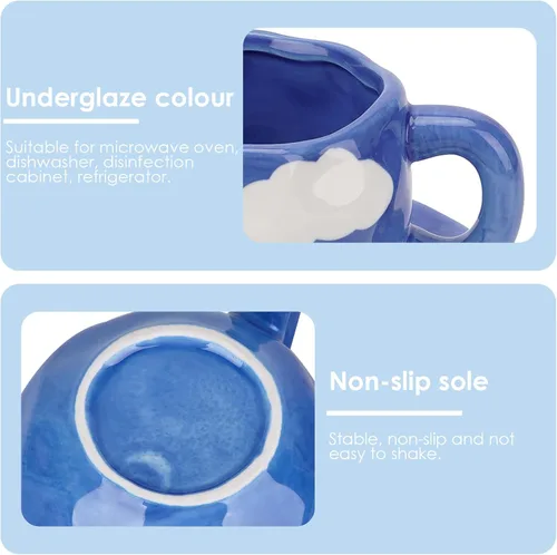 Vista 3 de Juego de taza de café y platillo de cerámica, cerámica hecha a mano de 10 onzas con patrón de nube blanca, pequeña taza de regalo para expreso, Azul