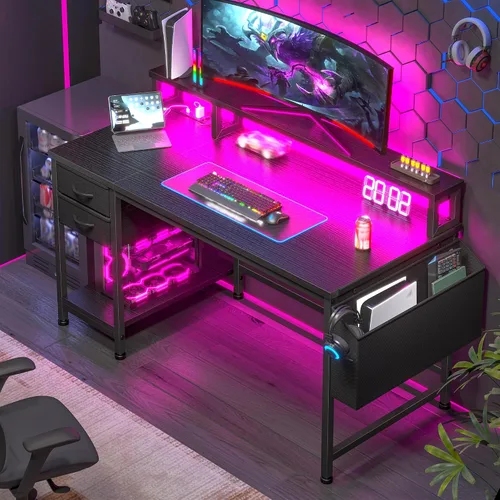 Vista 5 de DurayLoly Escritorio para juegos de 40 pulgadas con cajones y bolsa de almacenamiento, escritorio para computadora con tomas de corriente y luces