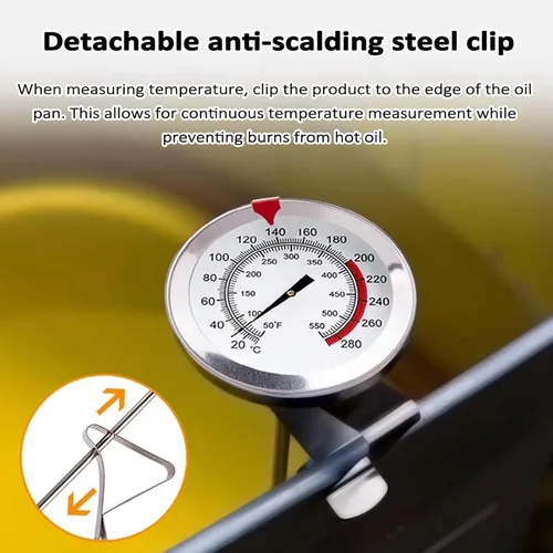 Vista 7 de Medidor mecánico de temperatura de aceite, termómetro para freír profundo de 19.6 pulgadas de tallo largo con clip para olla, lectura instantánea