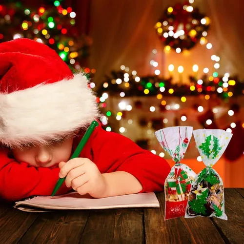 Vista 5 de LOKIPA 200 bolsas de celofán de Navidad, bolsas de regalo de celofán transparentes de Navidad, bolsas de dulces con lazos giratorios