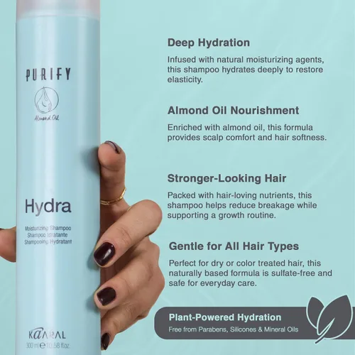 Vista 3 de Kaaral Purify Hydra Champú Hidratante - Cuidado hidratante natural para cabello seco o teñido - Seguro para mujeres y hombres - Suaviza y revive