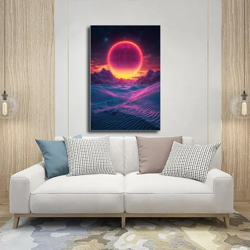 Vista 5 de Synthwave Wall Art Print – Neon Retro Sunset with Minimal Moon, Perfect for Office Or Studio Decor Poster Print Decorative Painting Canvas Wall Art