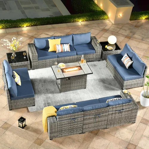 Vista 17 de ovios Juego de muebles de patio de 6 piezas, sofá seccional de mimbre para exteriores con mesa auxiliar, cómodos cojines, moderno sofá modular Beige