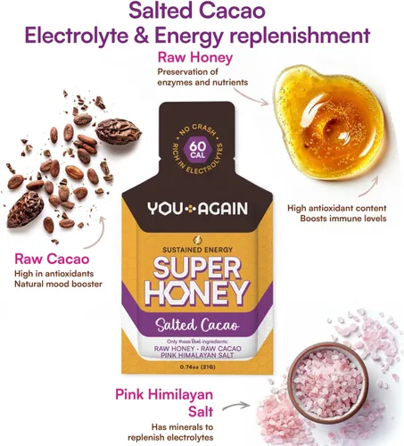 Vista 5 de You Again Gel de Energía Limpia Super Miel de la Selva, Chocolate Salado del Himalaya Reposición de Electrolitos Combustible para Correr Gel