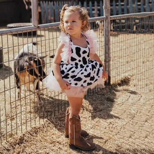 Vista 6 de Vestido de mameluco para niñas pequeñas con estampado de vaca, ropa de tul para recién nacidas, tutú elegante (multicolor, 3-4 años)