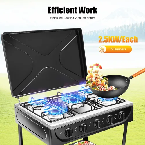 Vista 2 de Estufa de gas de 5 quemadores, estufa de cocina portátil de NG/LPG blanca con estantes de almacenamiento dobles, encendido manual para interiores