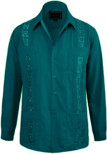 Vista 22 de Guytalk Camisa de boda mexicana de manga larga con botones de guayabera cubana para hombre