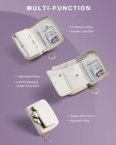 Vista 2 de Vulkitty Cartera pequeña para mujer con bloqueo RFID con cremallera alrededor de la funda triple compacta de cuero para tarjetas con bolsillo