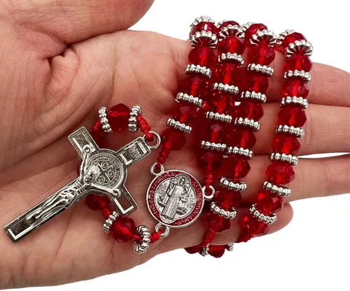 Vista 5 de Collar de rosario con medalla de San Benito con cristales rojos, rosario católico y crucifijo de Jesús, regalos de oración para mujer