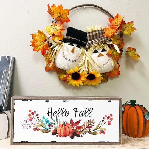 Vista 7 de Letreros de madera con texto en inglés «Hello Fall» para decoración de pared para el hogar, cocina, casa de campo, chimenea, centro de mesa, madera