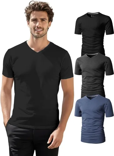 Vista 30 de H2H Camisetas para hombre - Pack de varias unidades, diseño simple, manga corta, ajuste delgado, mezcla de algodón (cuello en V/cuello redondo)
