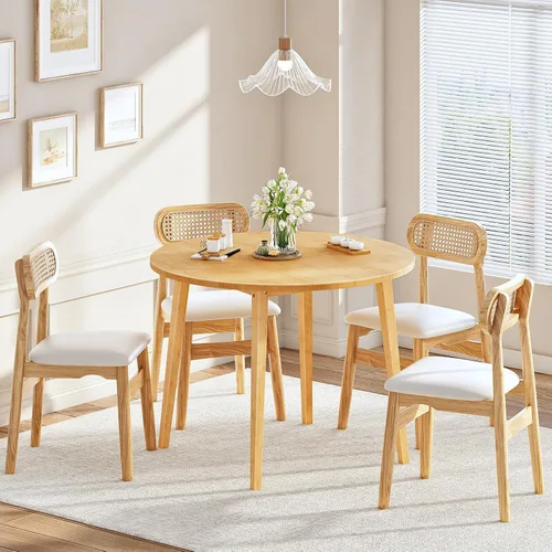 Vista 3 de HOOBRO Mesa de comedor de bambú, mesa de comedor redonda para 4, mesa de cocina de 35.4 pulgadas para espacio pequeño, fácil de montar, ahorro