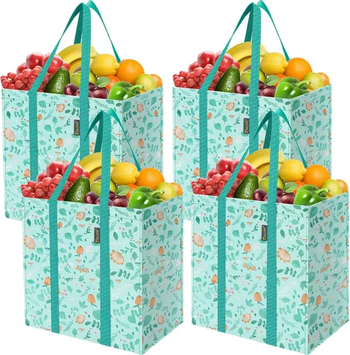 Vista 21 de BALEINE Paquete de 2 bolsas de comestibles reutilizables con parte inferior reforzada, bolsas plegables resistentes (follaje antiguo)