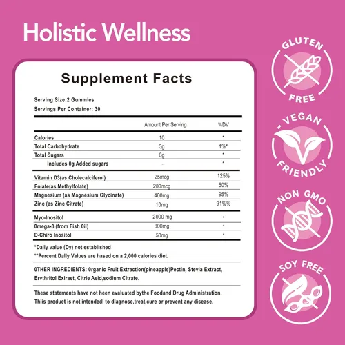 Vista 10 de Gomitas multivitamínicas de mio-inositol y D-chiro inositol, proporción 40:1, glicinato de magnesio 400 mg, omega-3 y folato, vitaminas PCOS