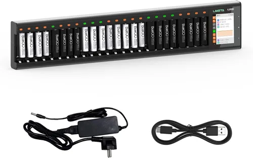 Vista 11 de LIMETA Cargador de batería AA AAA de la serie R, estación de carga recargable inteligente con LCD, carga independiente de 8/16/24 ranuras