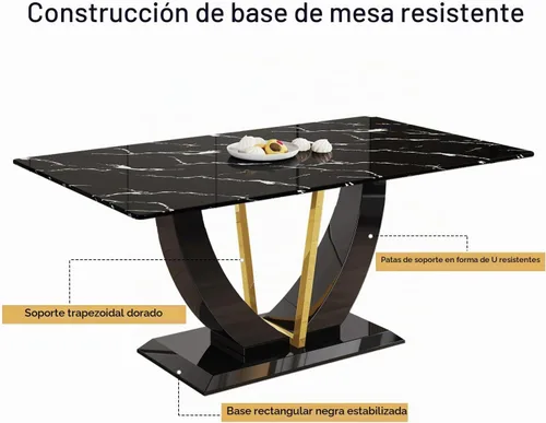 Vista 4 de Juego de mesa de comedor de 71 pulgadas para 8, juego de mesa de comedor de mármol sintético negro para 8, juego de mesa de cocina rectangular