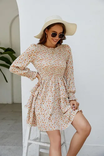 Vista 5 de Moreone Vestido de manga larga con cuello redondo fruncido para mujer, estampado floral, escalonado, volantes, acampanado, mini vestido fluido
