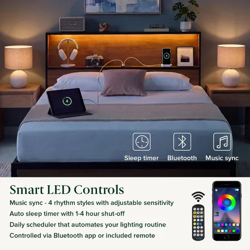 Vista 7 de Zinus Kai - Base de cama de plataforma, cabecero de dos niveles para almacenamiento que ahorra espacio, luces LED RGB con ajuste de estado de ánimo