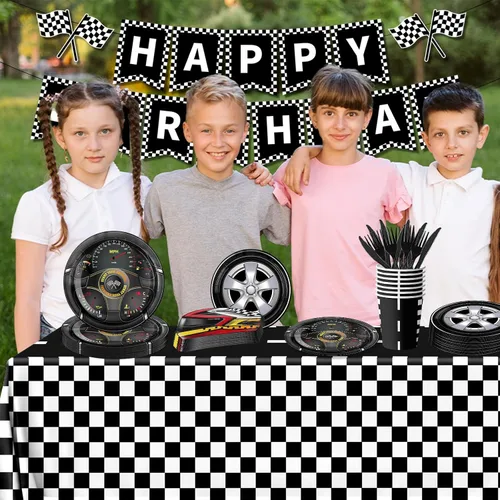 Vista 6 de Suministros para fiestas de autos de carreras, 170 piezas, decoraciones de fiesta de autos de carreras, juego de platos y servilletas para fiesta