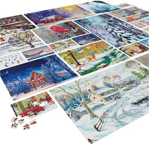 Vista 5 de Paquete de rompecabezas de 24 piezas, paisaje de ilustración de nieve de invierno navideño, 1000, 500, 300, 100, 48, 24 piezas, para niños y adultos