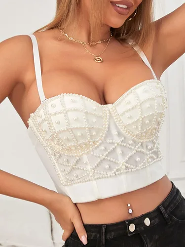 Vista 2 de SOLY HUX Camiseta corta sin mangas con diseño de perlas sintéticas para mujer