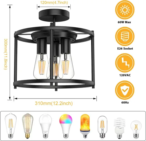 Vista 5 de Lámpara de techo semiempotrada de granja, lámpara de techo industrial negra para cocina, estilo rústico, vintage, montaje en techo, 3 luces, lámpara