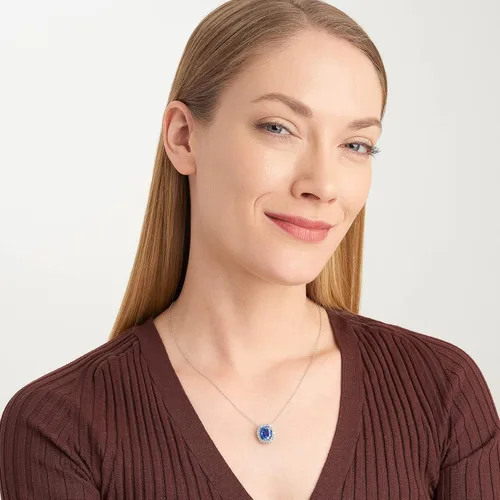 Vista 4 de 925 Sterling Silver Gemstone Birthstone and Created White Sapphire Oval Halo Pendant Necklace, 18