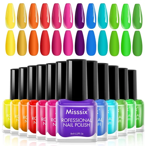 Vista 9 de Misssix 12 Pcs Nail Polish Set 10 Colors with Base Coat and Top Coat, Quick Dry Nail Polish, Mini Nail Lacquer Strengthening Manicure DIY Nail Art