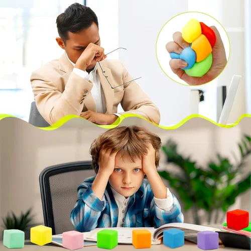Vista 3 de Juguetes para ansiedad esponjosos, paquete de 24 bolas de cubo para el estrés, juguetes sensoriales a granel para niños y adultos, alivio