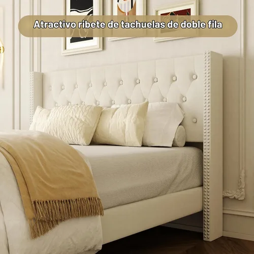 Vista 3 de HAOARA Base de cama tamaño Queen, plataforma tapizada con cabecera con respaldo de ala, botón de terciopelo, fácil montaje, no necesita somier, Beige