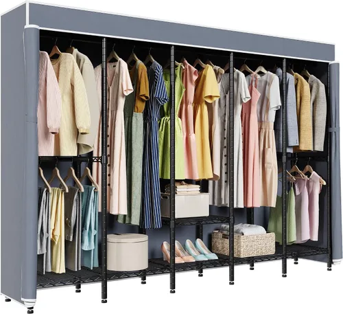 Vista 8 de Higeego Perchero de Ropa Resistente de 94.5" de Ancho con Cubierta, Perchero de Ropa H5C con Estantes Ajustables Armario Closet Independiente