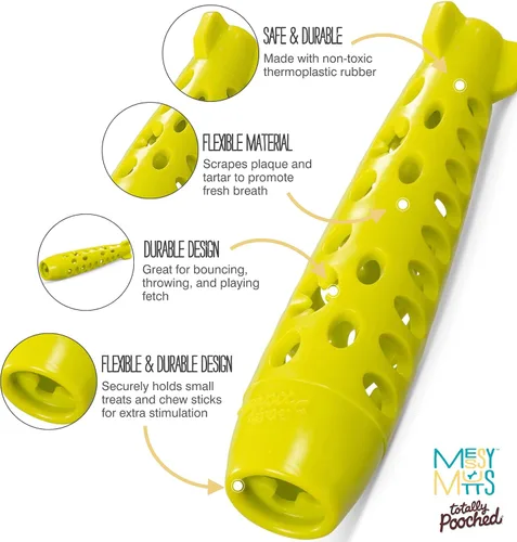 Vista 2 de Messy Mutts Totally Pooched Stuff n Chew Rocket Stick, 10 pulgadas, color verde Juguete para perro de 10 x 2.5 pulgadas de TPR rellenable Rocket