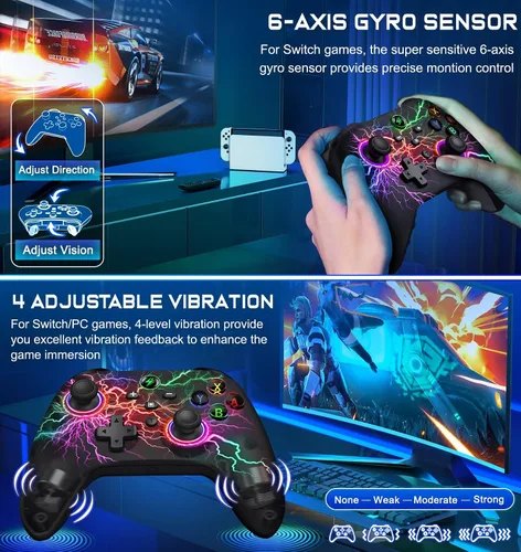 Vista 6 de Controlador inalámbrico Switch Pro para Nintendo Switch ControllerSwitch LiteSwitch OLED, luz LED multiplataforma Windows PC IOS Android Switch