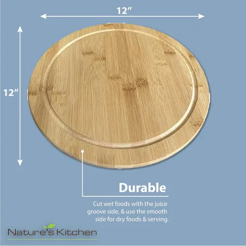 Vista 3 de Nature's Kitchen Bandeja redonda de bambú para cortar con ranura para jugo para cortar queso y charcutería (12 pulgadas)