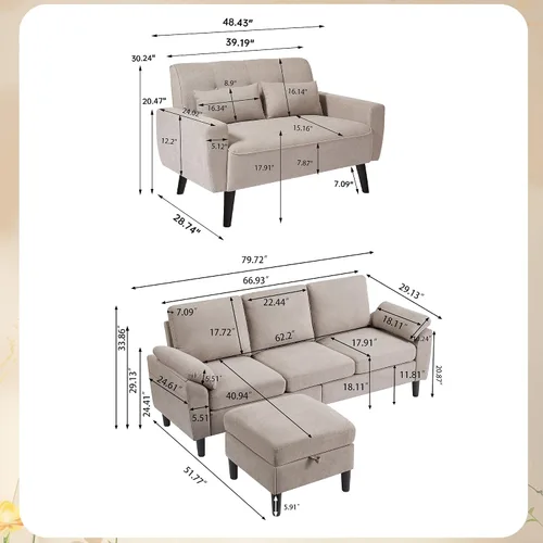 Vista 2 de Juego de sofá modular convertible de 79 pulgadas, moderno sofá pequeño en forma de L de lino con otomana reversible y sofá biplaza, sofás de 3 Beige