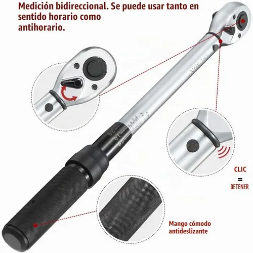 Vista 3 de Llave dinamométrica de clic de 1/2 pulgada (10-150 pies-libras/13.6-203.3 Nm) Juego de llave de torque ajustable de doble dirección