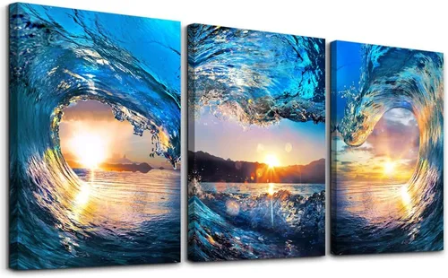 Vista 15 de Arte en lienzo enmarcado en negro para decoración de sala de estar y dormitorio - Pintura de pared de playa en blanco y negro - Imágenes de olas