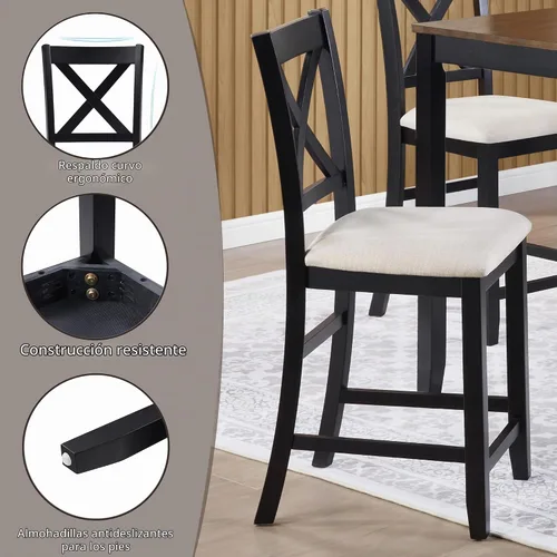 Vista 5 de Juego de mesa de comedor de 5 piezas para 4, juego de mesa de comedor cuadrada de madera maciza, juego de mesa de cocina con mesa cuadrada y 4